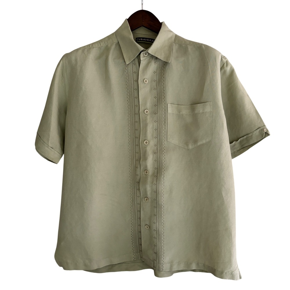Cubavera Shirt Mens L Sage Green Embroidered Ramie Rayon Short Sleeve Guayabera